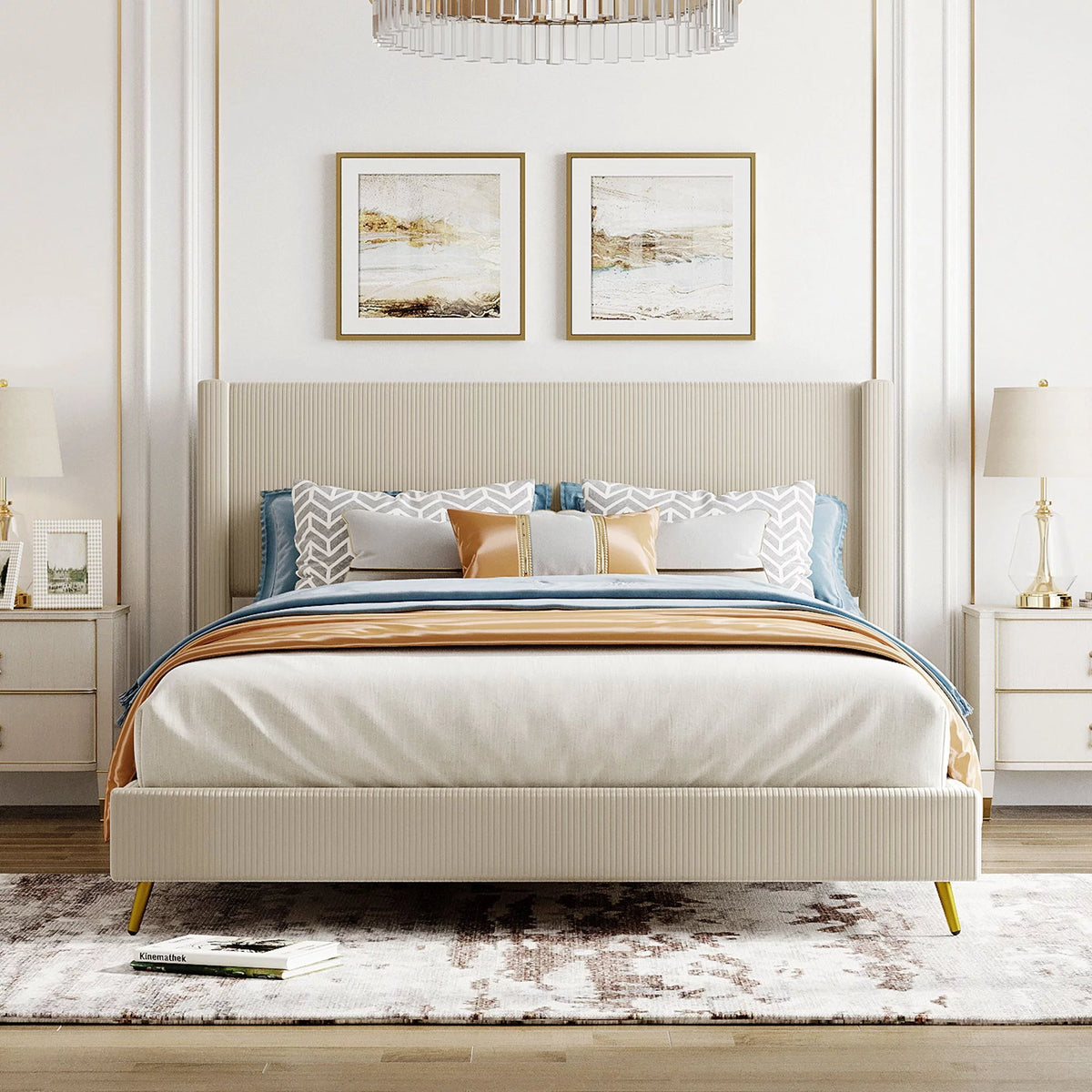 Queen Size Beige Corduroy Platform Bed with Metal Legs S931567