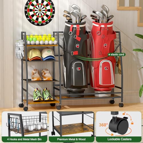 Golf Bag Storage Rack with Wheels, Black J287
