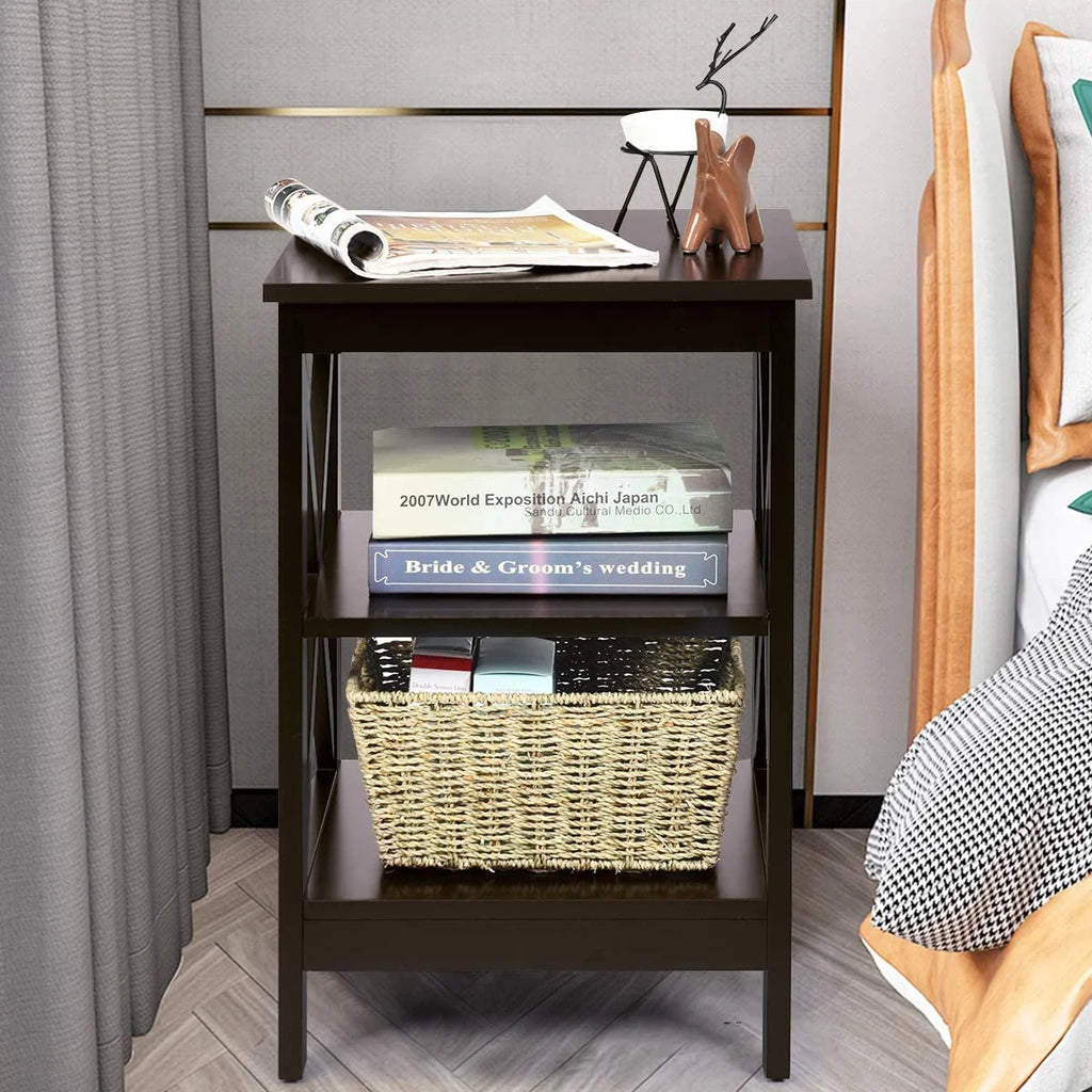 3-Tier Nightstand Set of 2 Wooden Side Table with Storage Shelf T907346