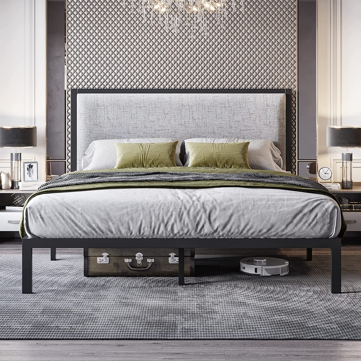 Queen Size Grey Metal Platform Bed Frame with Upholstered Headboard V59501
