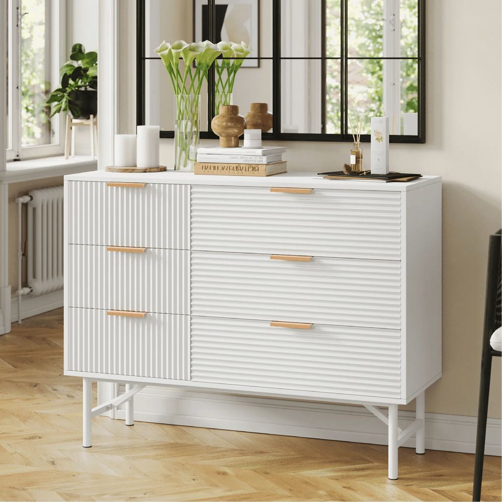 6 Drawer Creamy Wood Dresser with Metal Base L4755