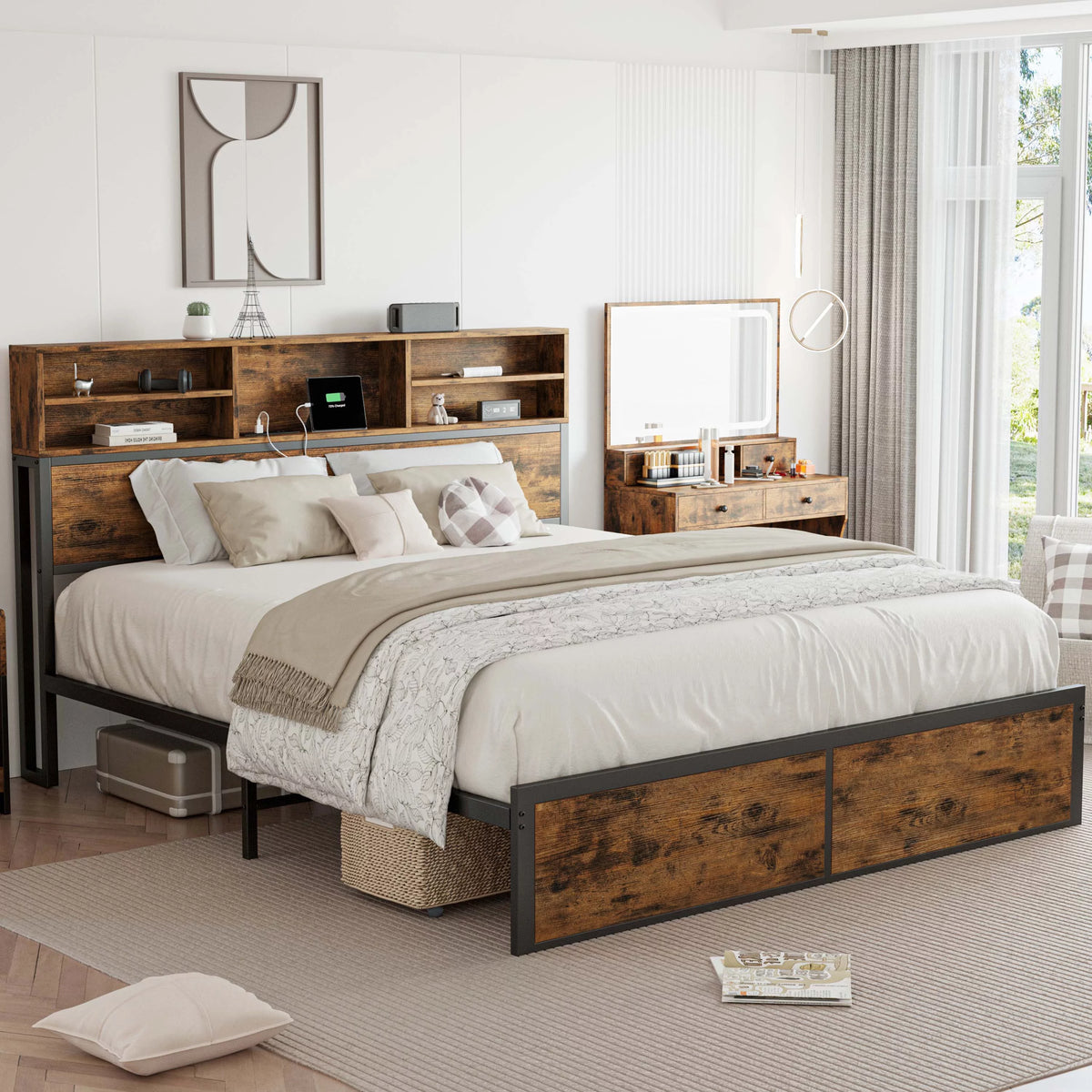 Full Bed Frame with Bookcase Headboard and Charging Station O691283