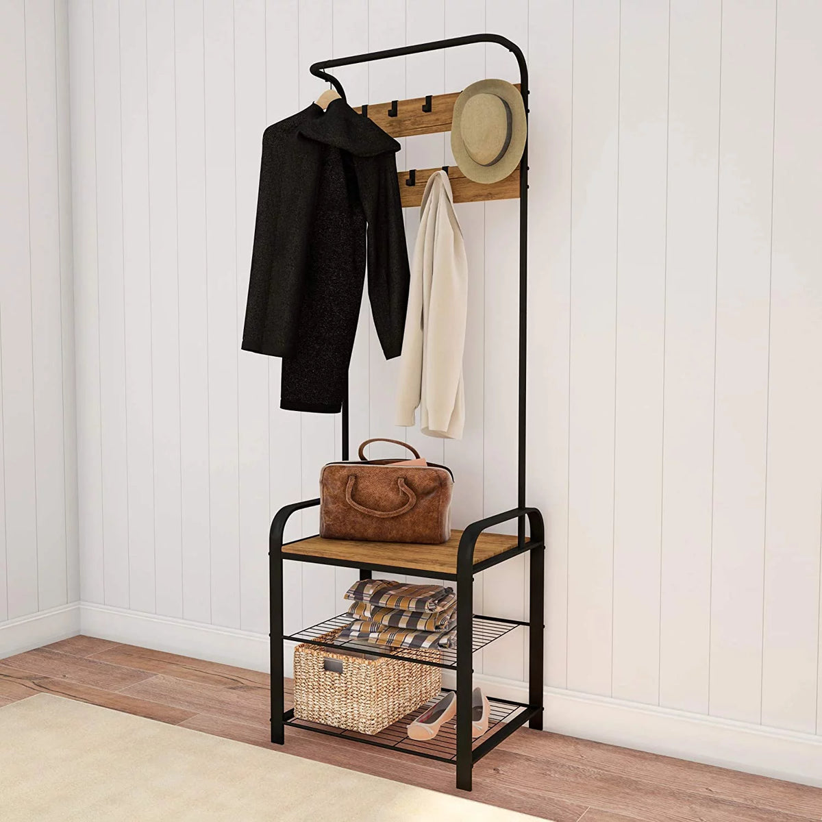 Metal Coat Rack and Storage Bench I4814