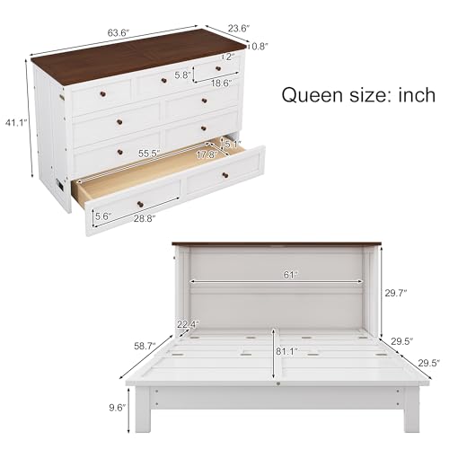 Queen Size White Murphy Bed Cabinet with Charging Station & Storage Drawer V2416