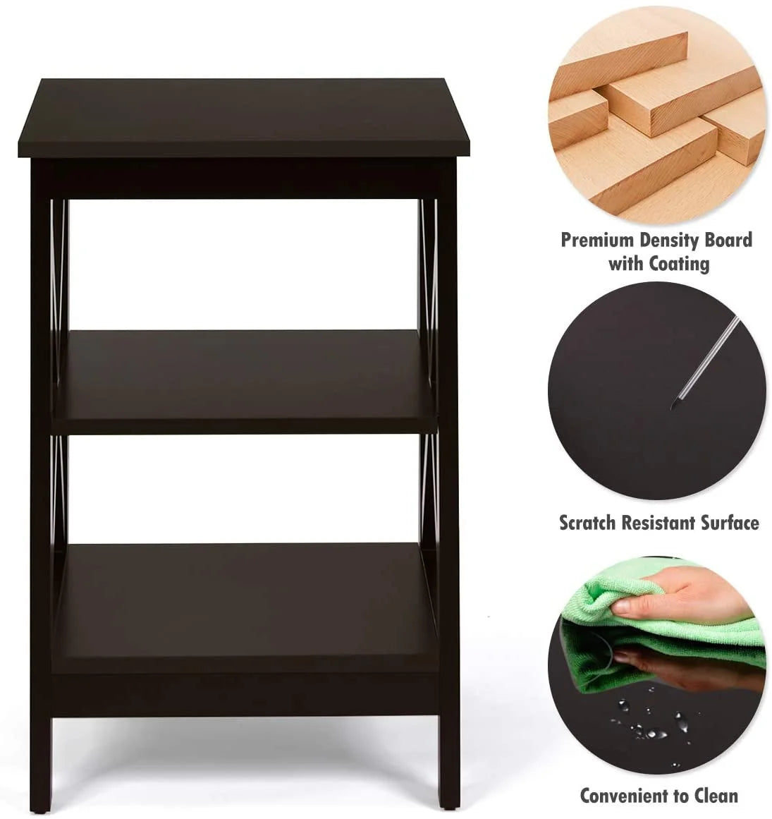 3-Tier Nightstand Set of 2 Wooden Side Table with Storage Shelf T907346