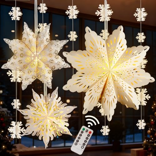 3Pcs Christmas Paper Snowflake Lanterns with Lights & Banner K245109