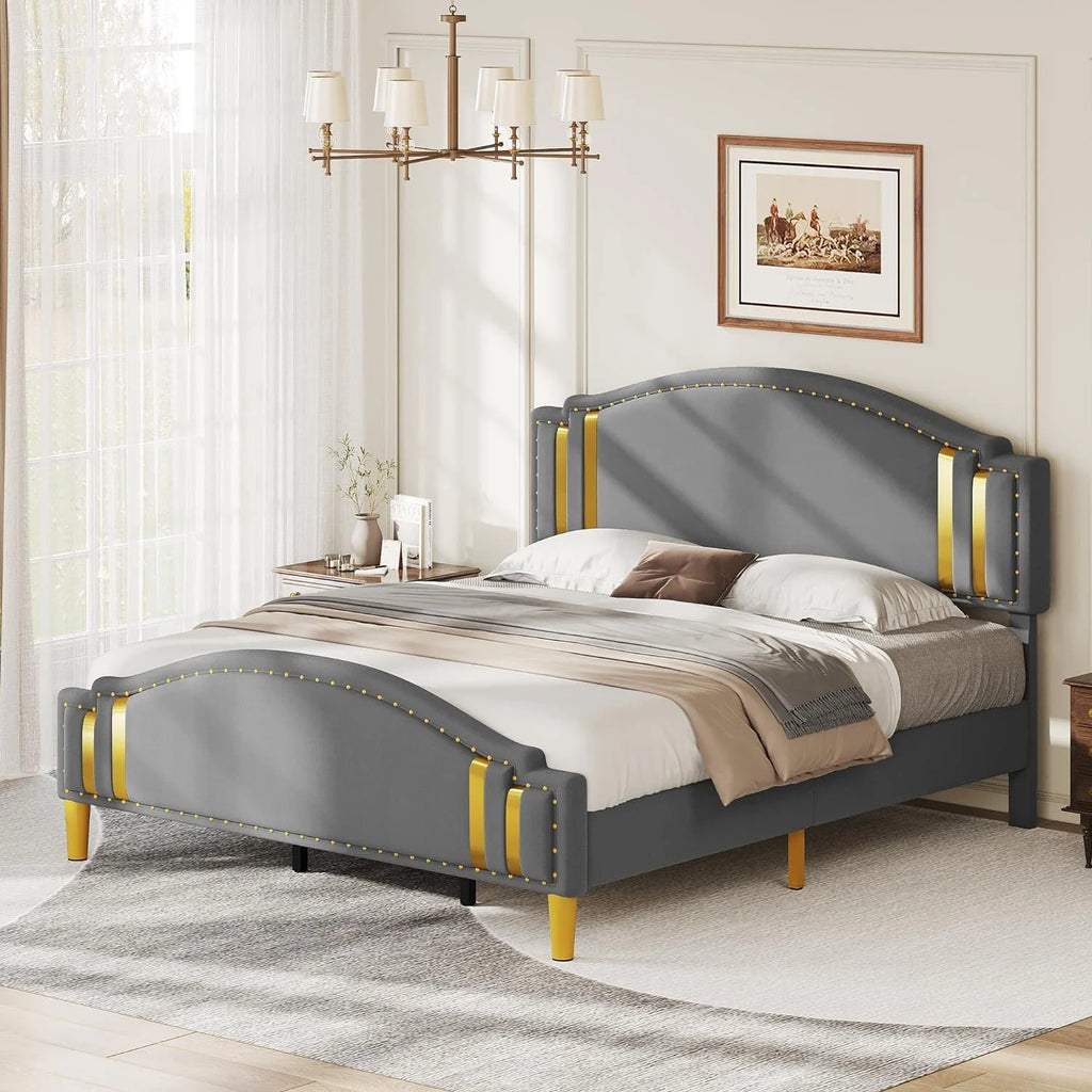 King Size Grey Upholstered Platform Bed Frame and Headboard K936