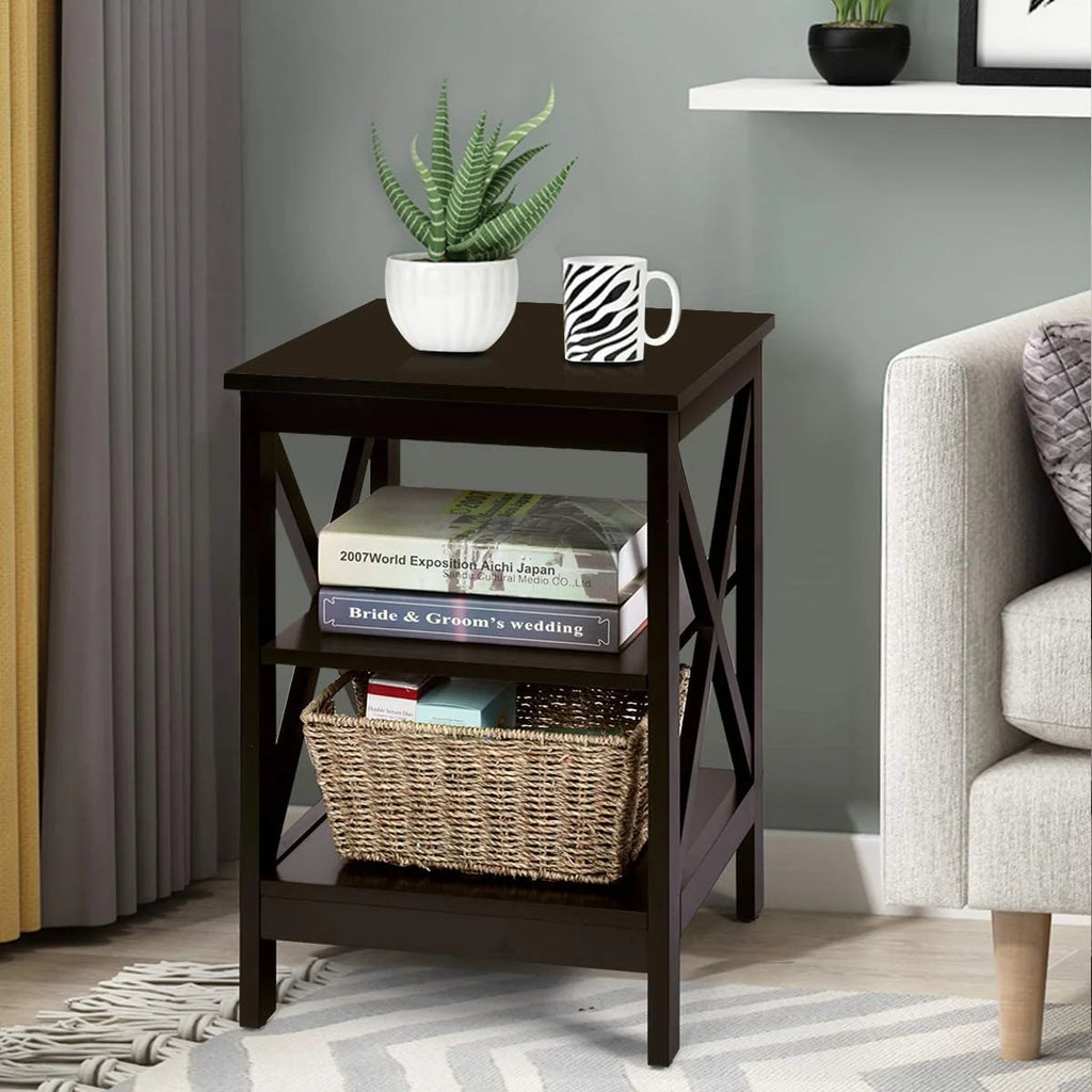 3-Tier Nightstand Set of 2 Wooden Side Table with Storage Shelf T907346