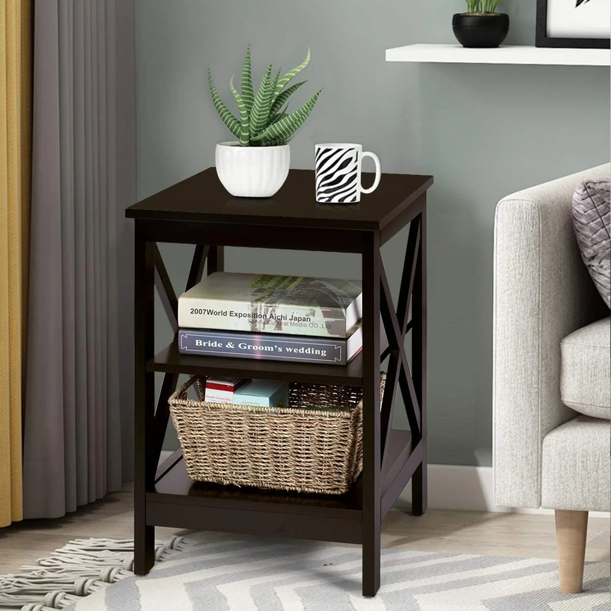 3-Tier Nightstand Set of 2 Wooden Side Table with Storage Shelf T907346