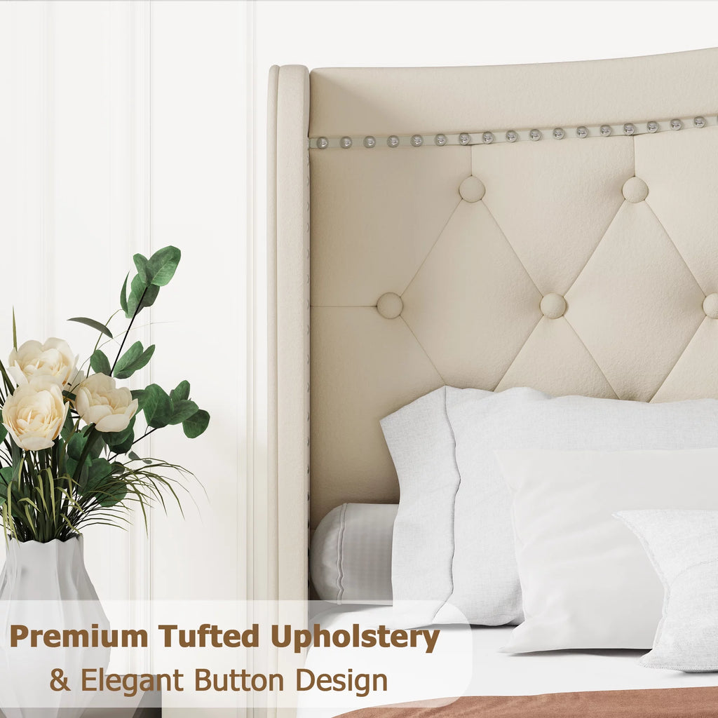 King Bed Frame with Wing-Back Button Tufted Upholstered Headboard A18508