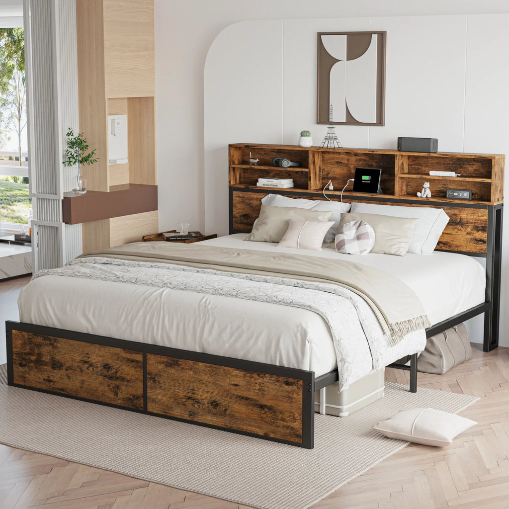 Full Bed Frame with Bookcase Headboard and Charging Station O691283