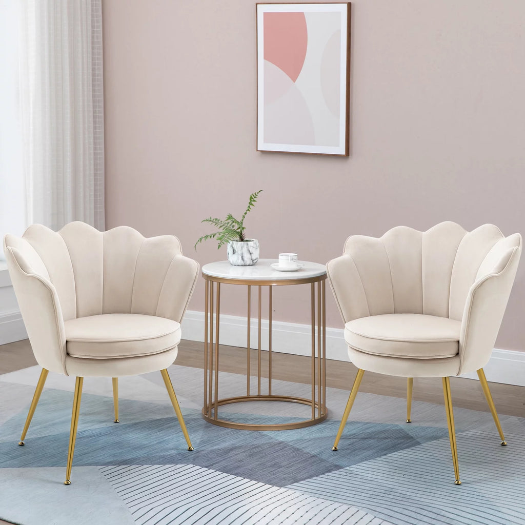 White Velvet Upholstered Arm Chair with Golden Metal Legs, Set of 2 B41342