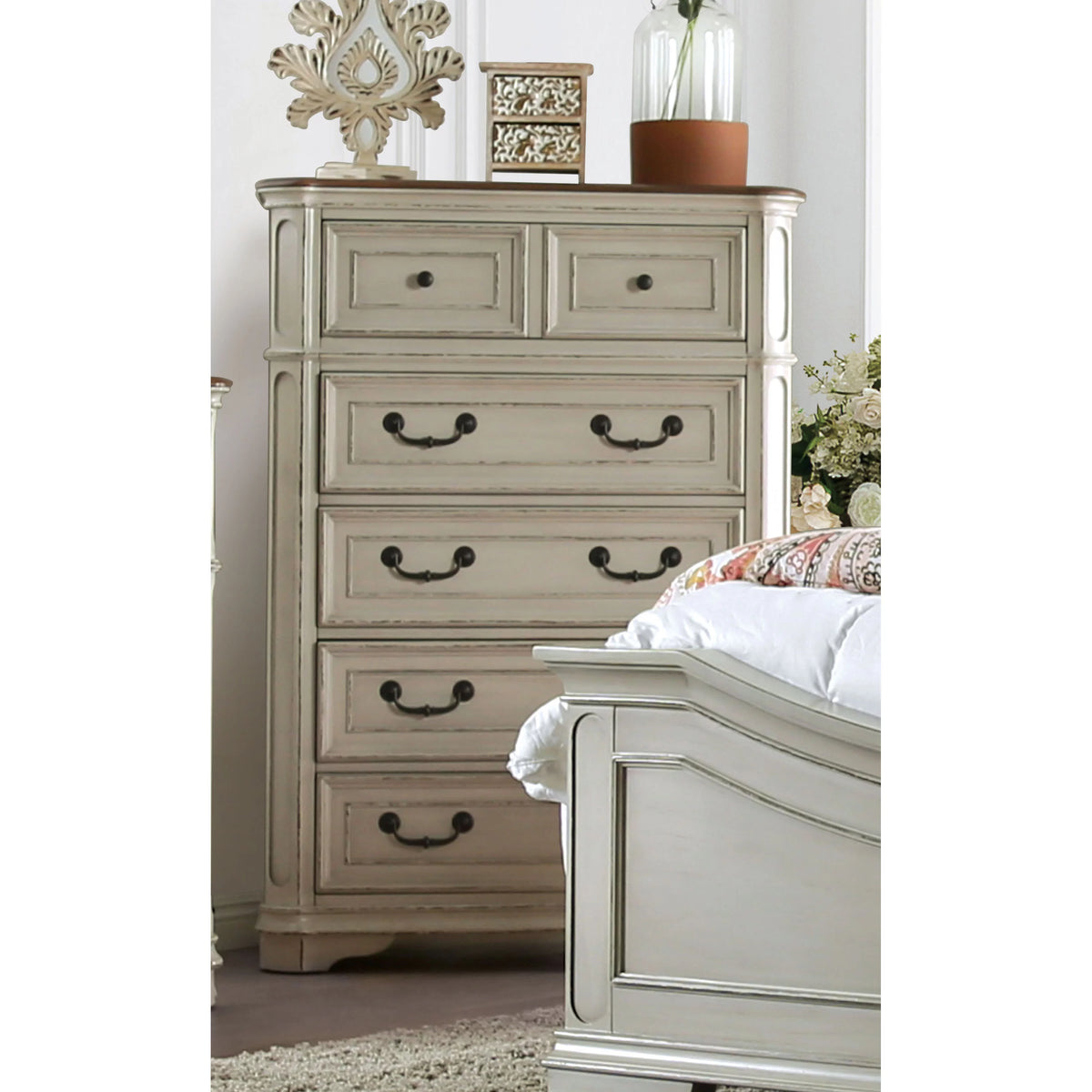 Antique White and Weathered Oak 5-Drawer Chest D644036