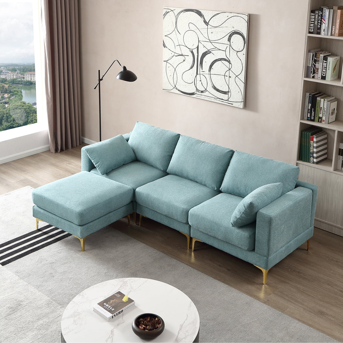L Shape Turquoise Fabric Couch X28850