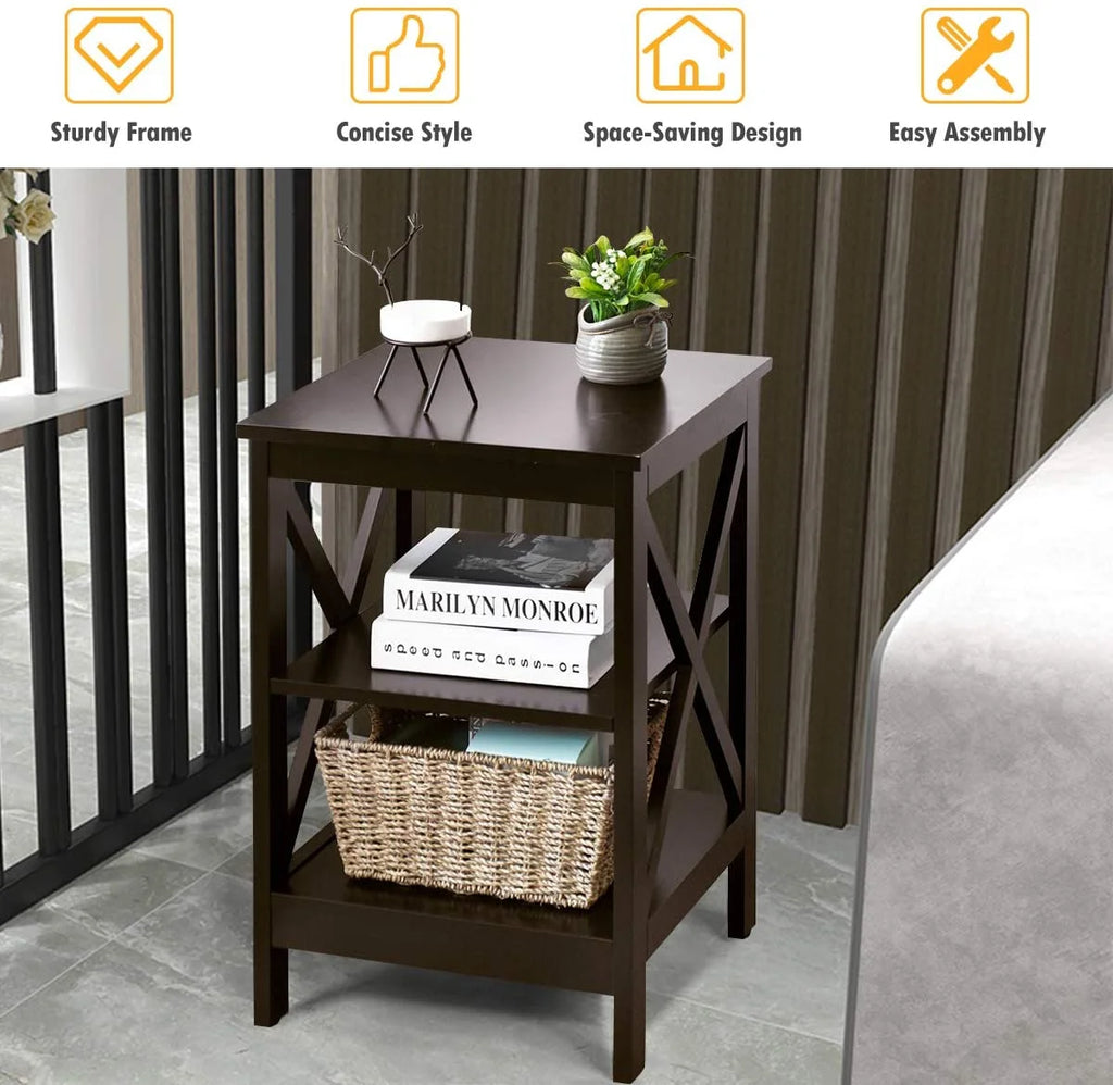 3-Tier Nightstand Set of 2 Wooden Side Table with Storage Shelf T907346