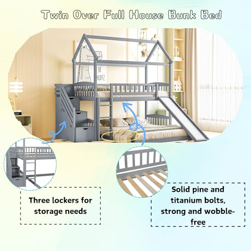 Twin Over Full Bunk Bed with Stairs and Slide, Gray M29973