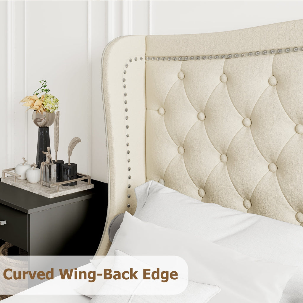 King Bed Frame with Wing-Back Button Tufted Upholstered Headboard A18508