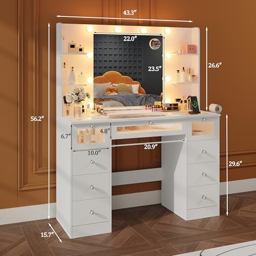 White Vanity Desk with Mirror and Lights, Glass Top, 9 Drawers, 4 Shelves T9637