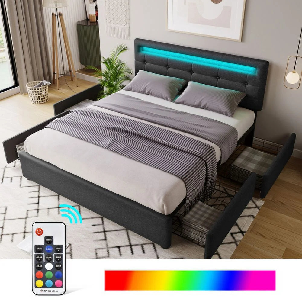 Grey Full Size Upholstered Platform Bed Frame with 4 Storage Drawers I2046