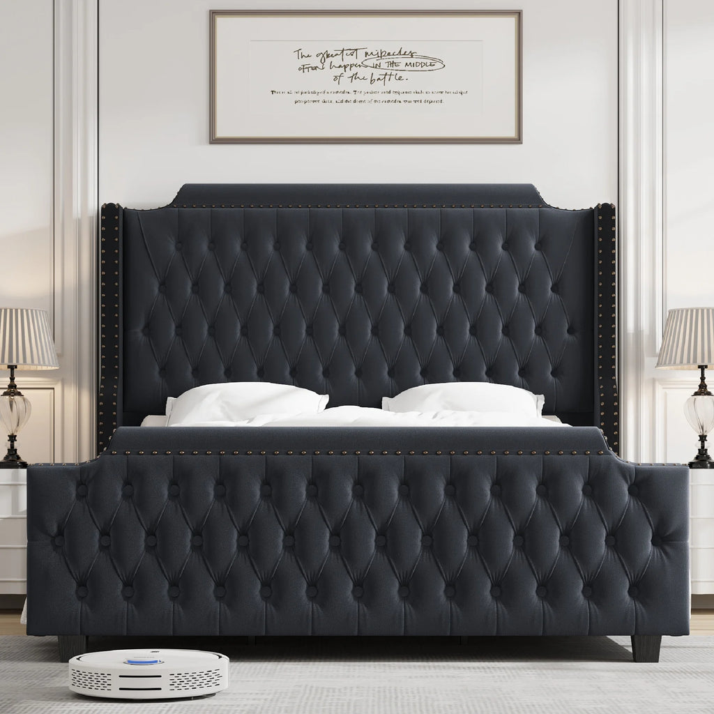 Queen Size Velvet Button Tufted Upholstered Bed with Headboard and Footboard L648