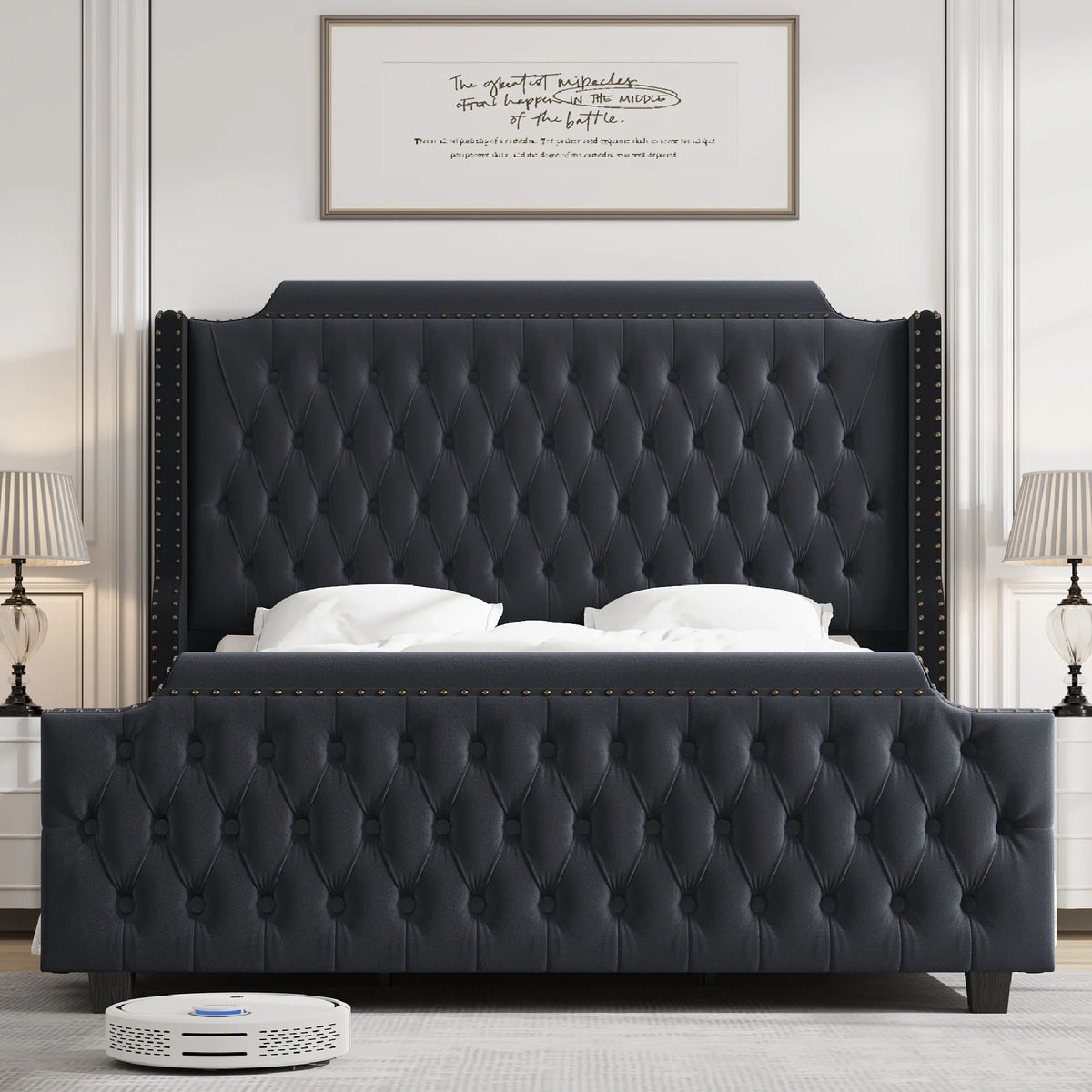 Queen Size Velvet Button Tufted Upholstered Bed with Headboard and Footboard L648