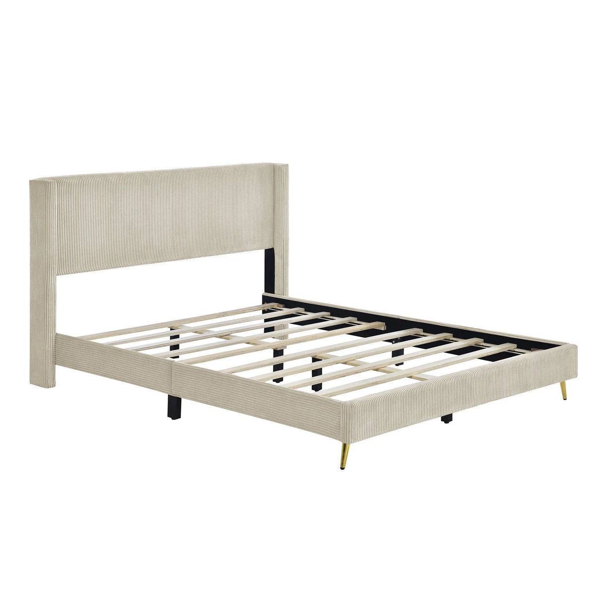 Queen Size Beige Corduroy Platform Bed with Metal Legs S931567