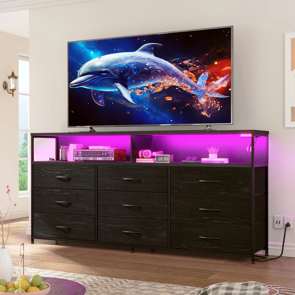 Black Dresser TV Stand with 9 Fabric Drawers & Power Outlet I6608