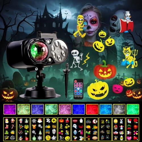 Halloween Christmas Projector Lights with Remote Control Timers 2-in-1 3D Ocean Wave Projection Light R8365