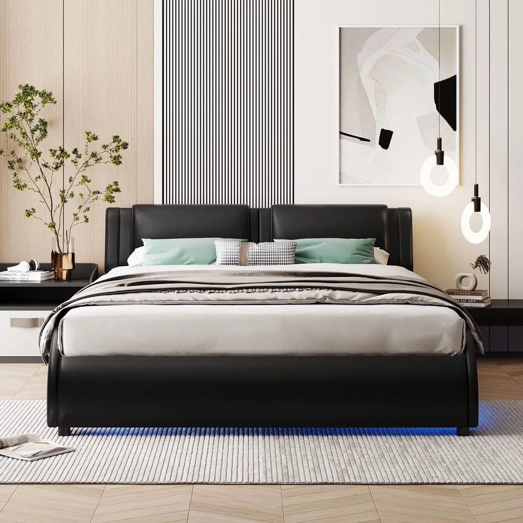Full Size Black Faux Leather Upholstered Platform Bed with Headboard M970
