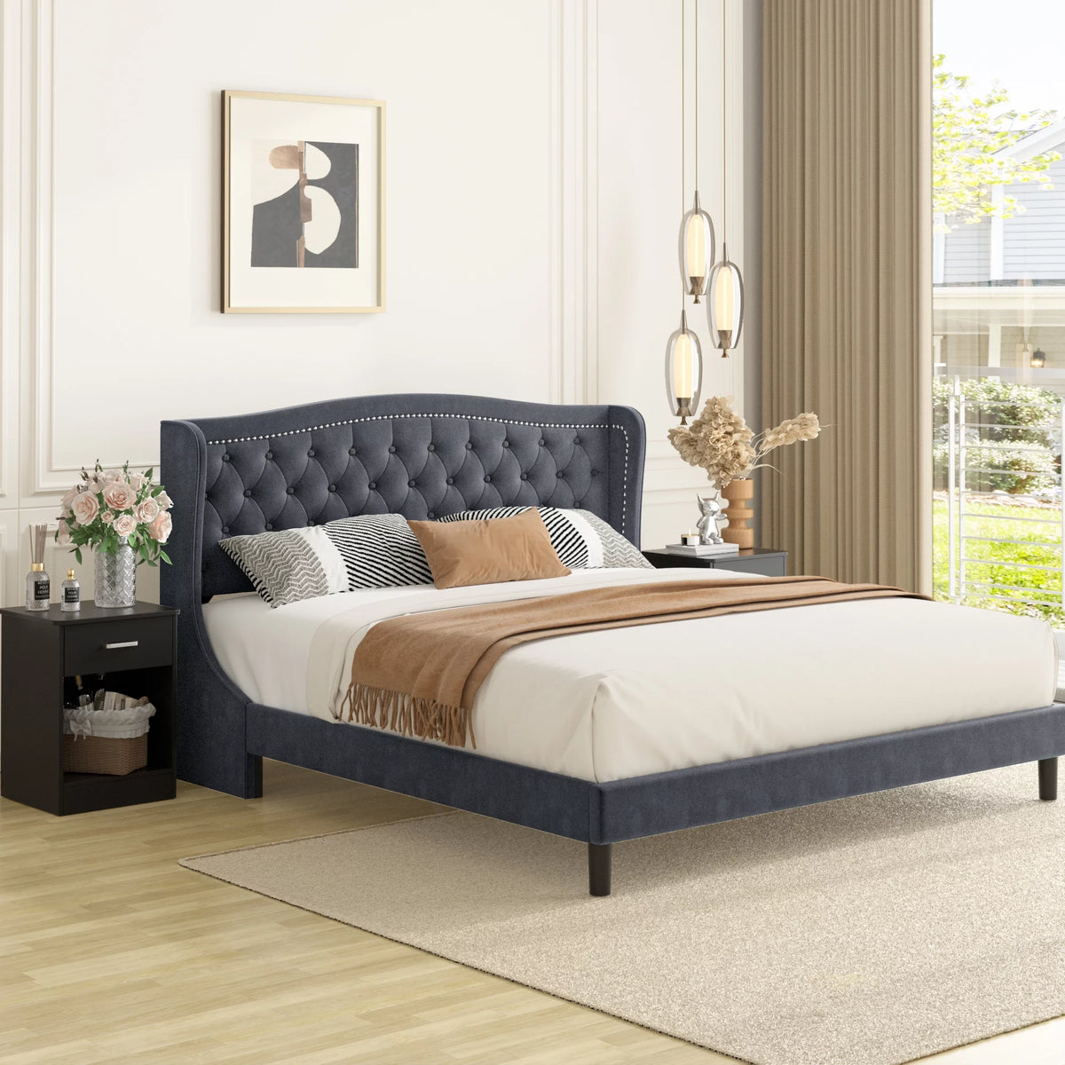 King Bed Frame with Wing-Back Button Tufted Upholstered Headboard A18508