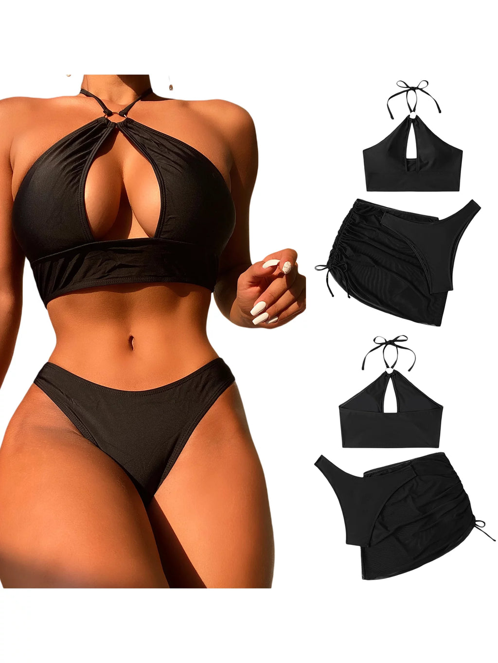 3 Pcs Bikini Set Halter Backless Tie-up Swim Bra Thong with Sarong Skirt Tie-dye Black K2461