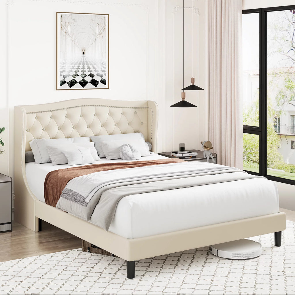 King Bed Frame with Wing-Back Button Tufted Upholstered Headboard A18508