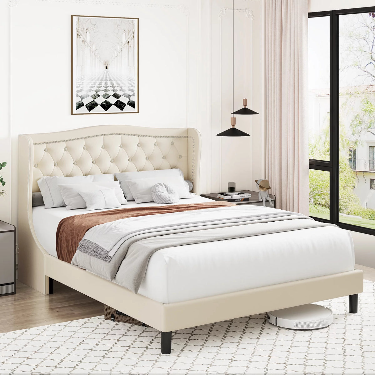 King Bed Frame with Wing-Back Button Tufted Upholstered Headboard A18508