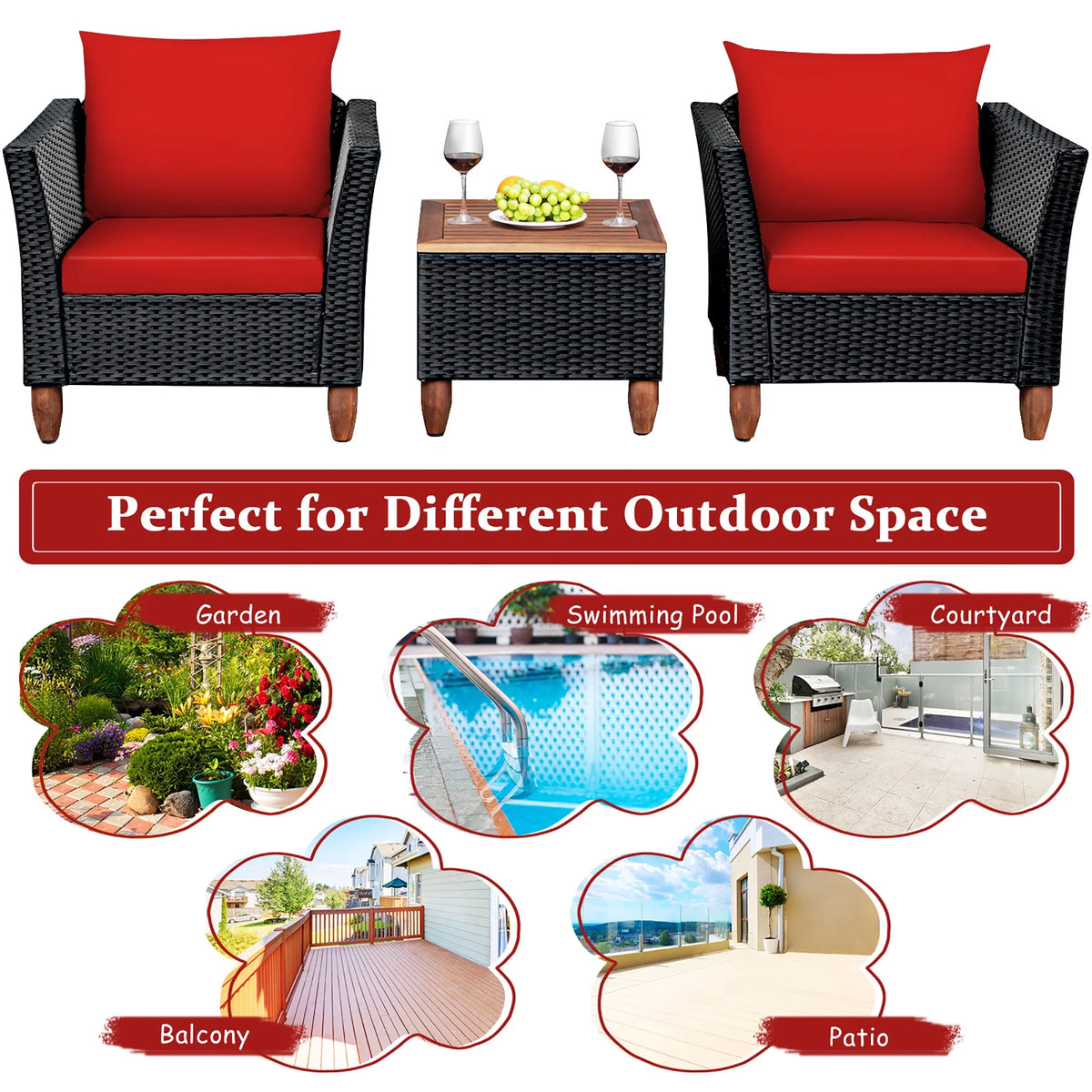 3 Pc Outdoor Patio Rattan Furniture Set Cushioned Sofa Q806