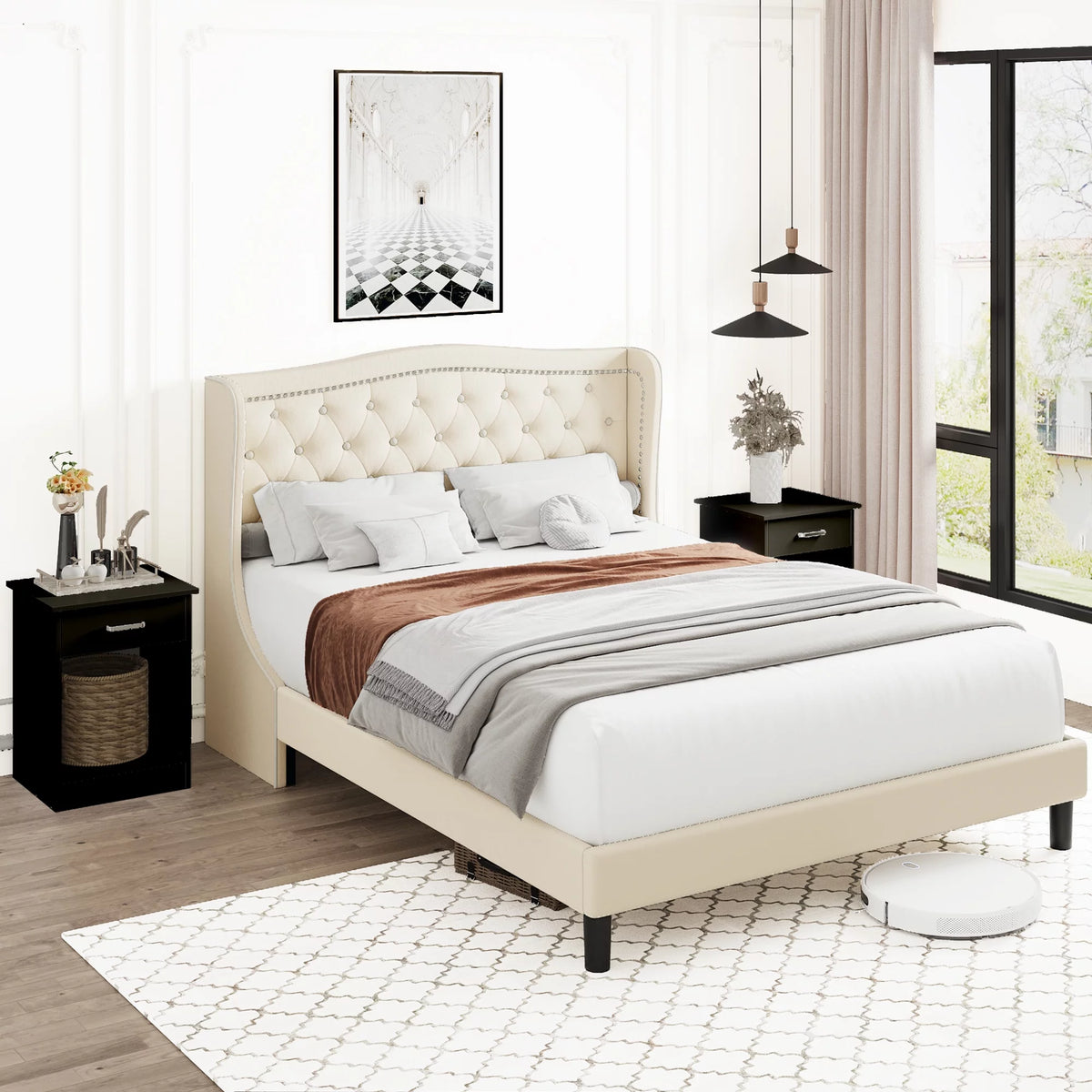 King Bed Frame with Wing-Back Button Tufted Upholstered Headboard A18508