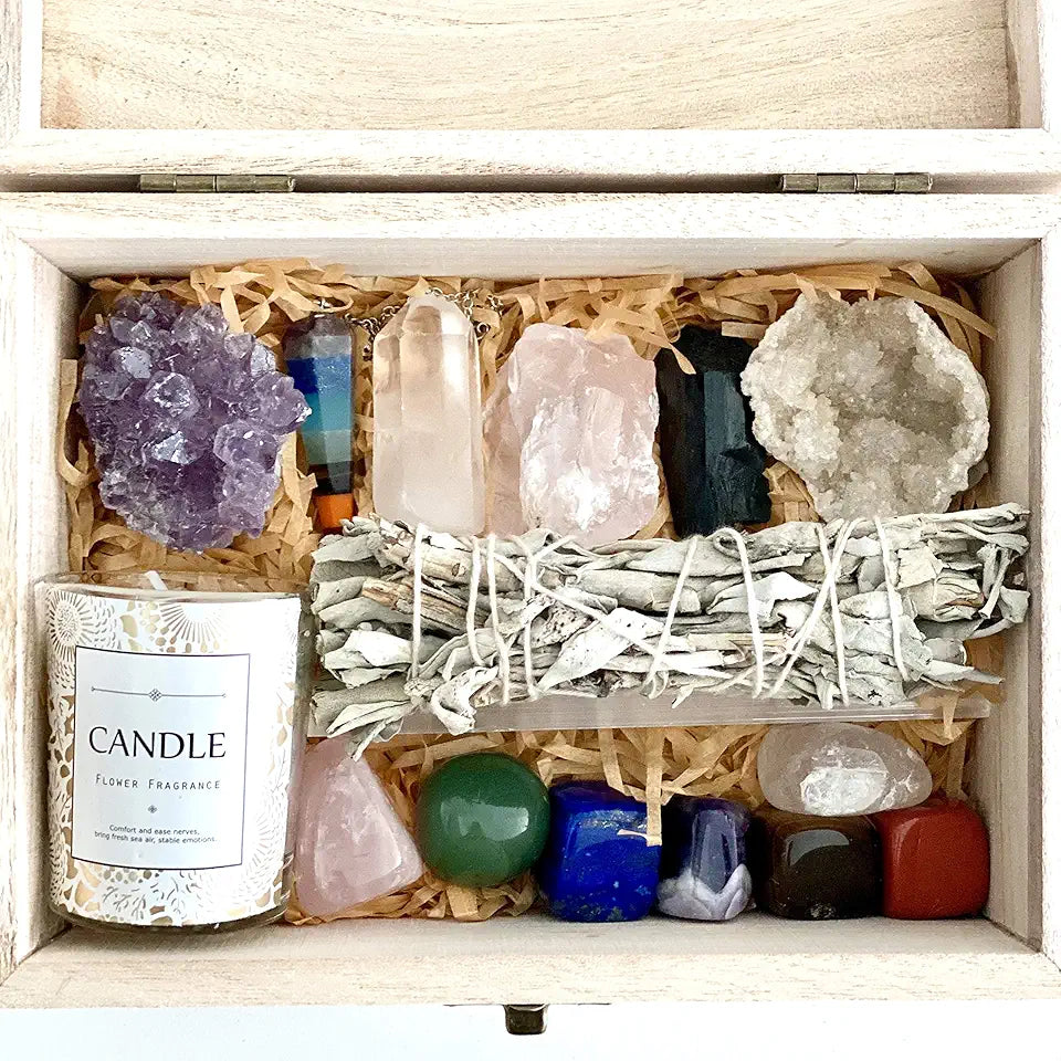 Chakra Stones Crystal Starter Set with Sage Smudge Kit and Relaxation Candle P8124