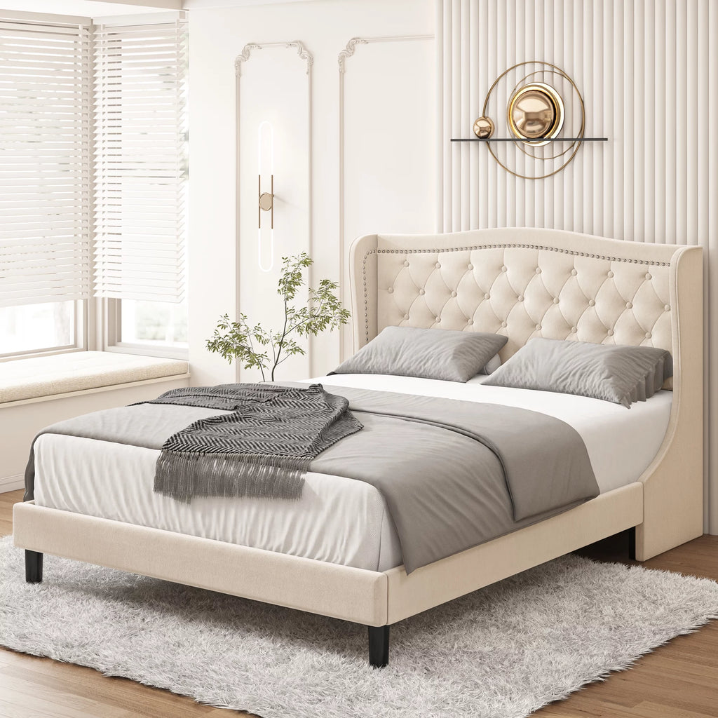 King Bed Frame with Wing-Back Button Tufted Upholstered Headboard A18508