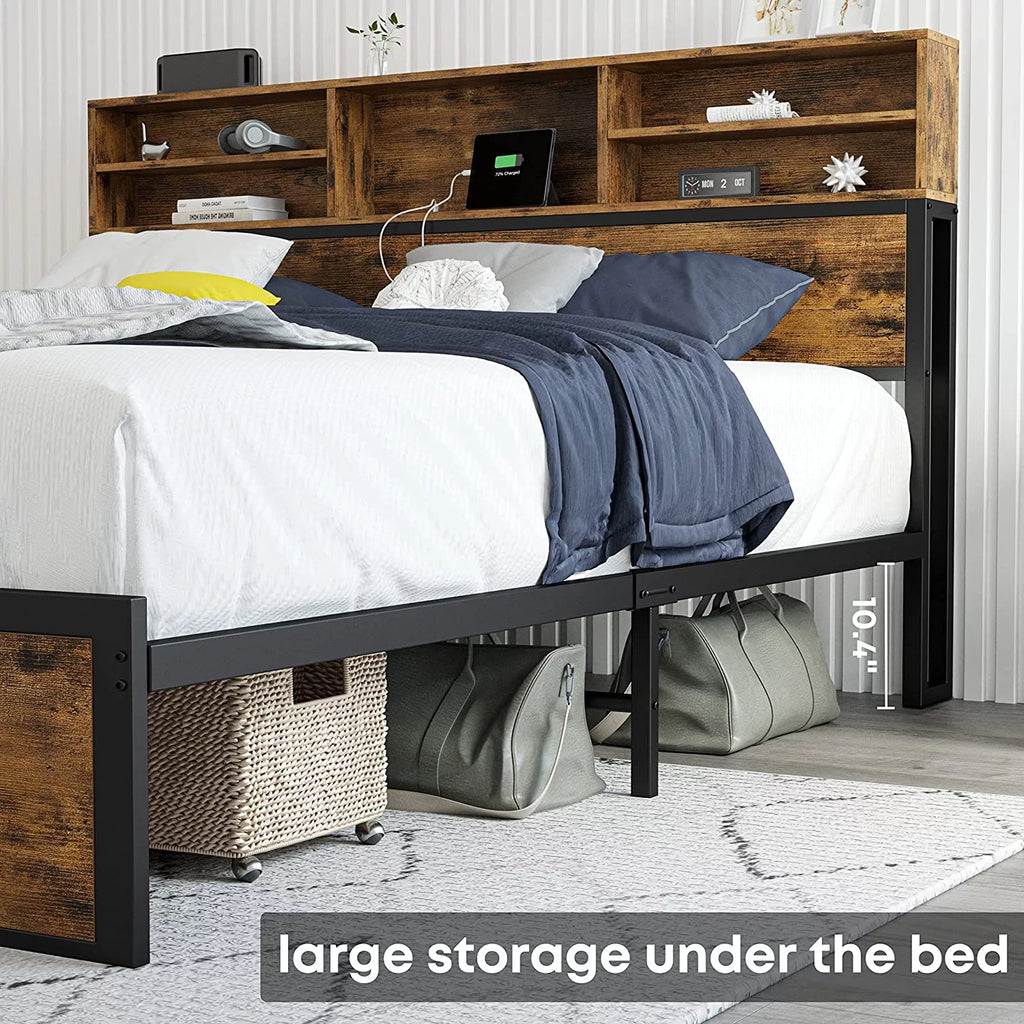 Full Bed Frame with Bookcase Headboard and Charging Station O691283