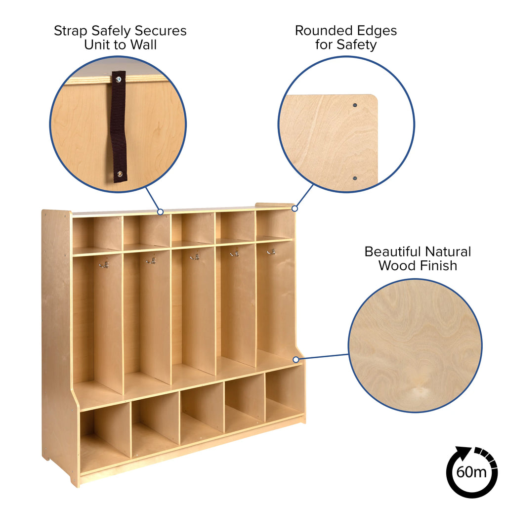 Wooden 5 Section Coat Locker with Bench and Cubbies W3654