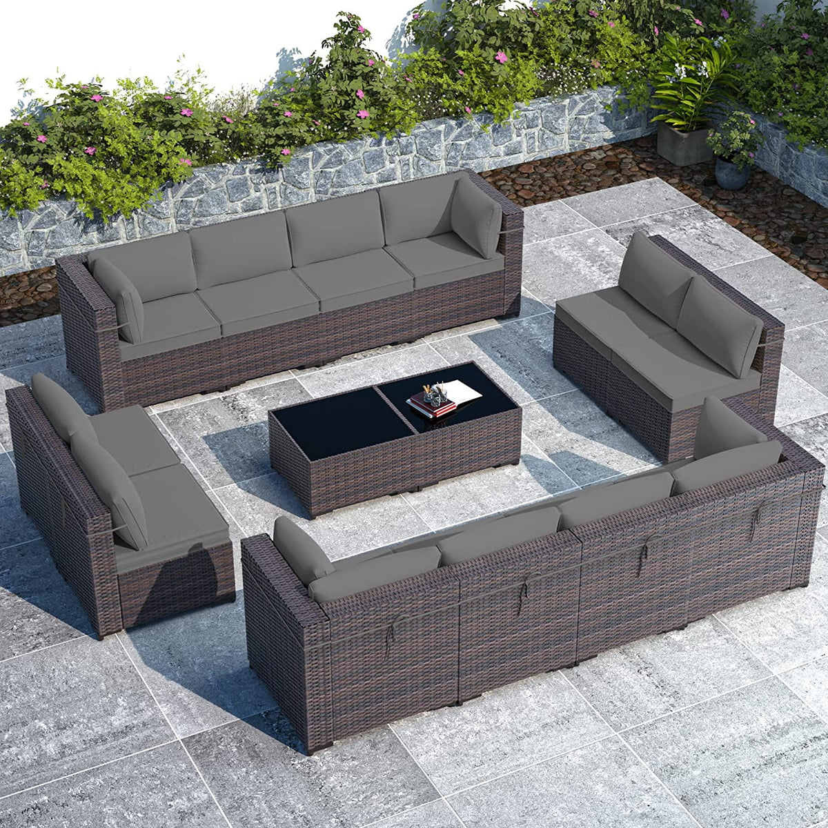 15 Pieces PE Rattan Outdoor Patio Furniture Set with Fire Pit Table C52107