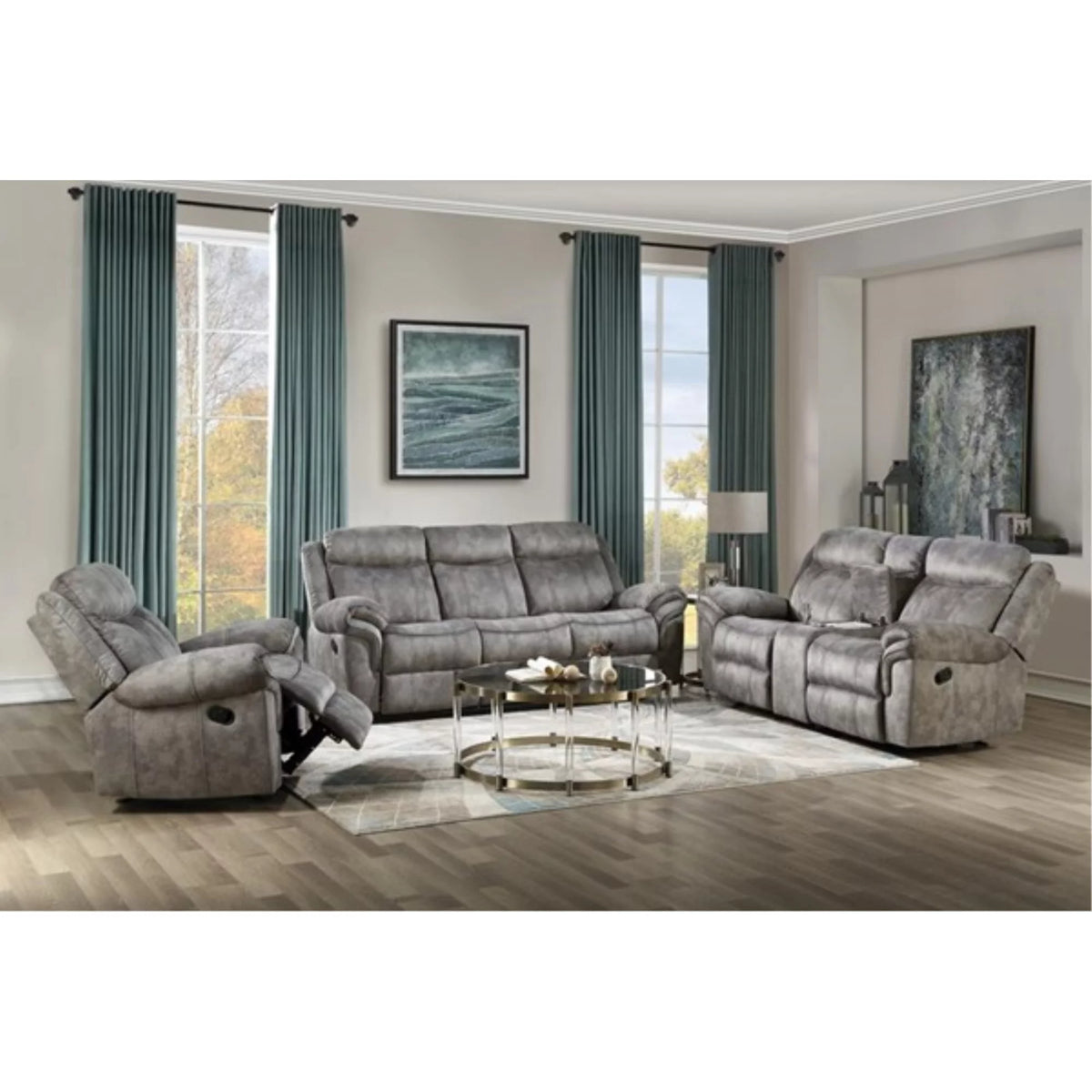 2-Tone Gray Velvet Loveseat with USB Dock and Console T552