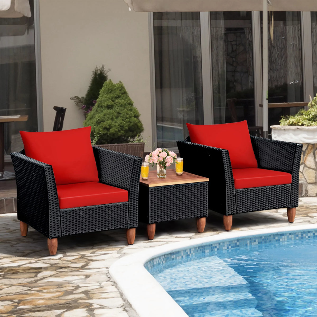 3 Pc Outdoor Patio Rattan Furniture Set Cushioned Sofa Q806