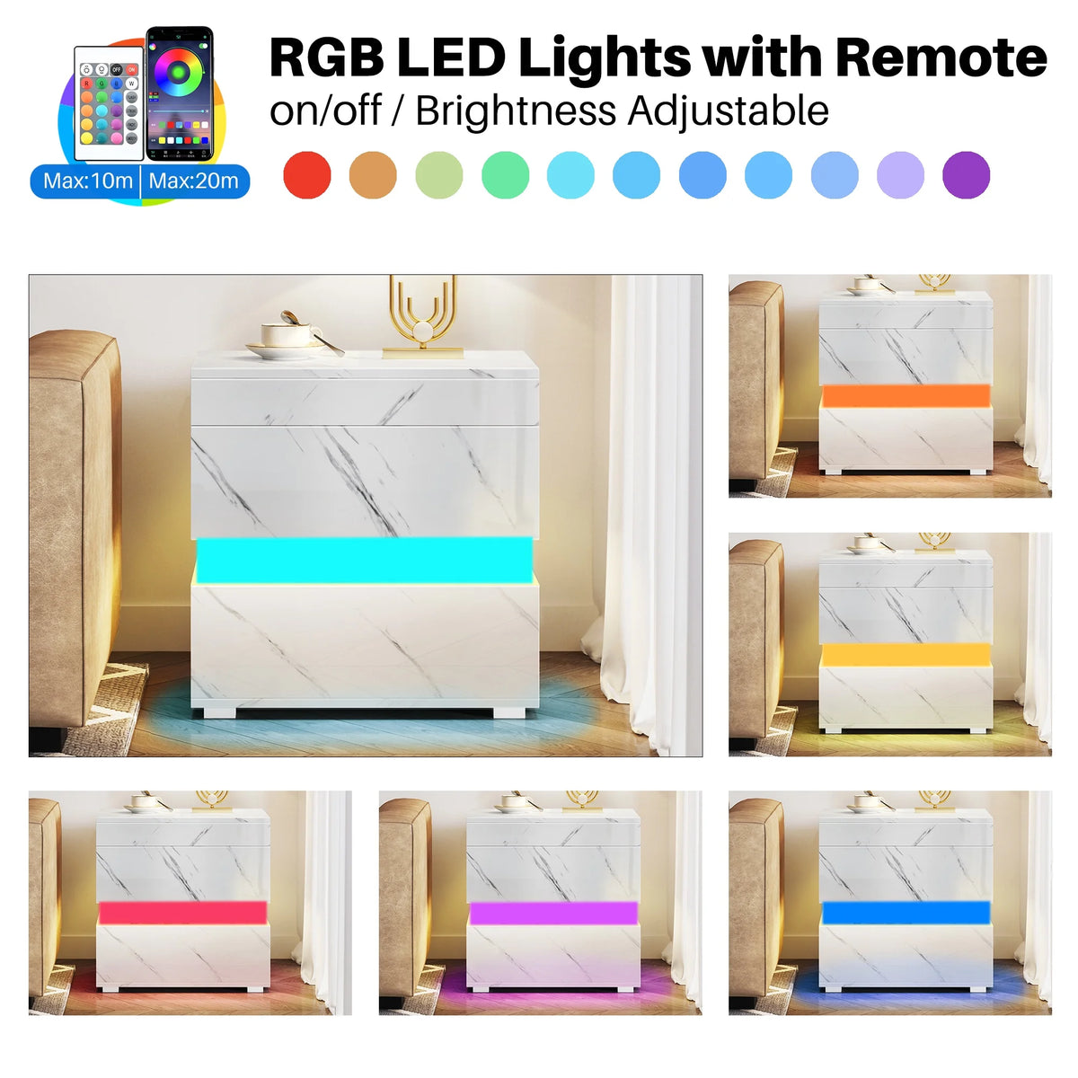 High Gloss LED Nightstand with 3 Drawers T24171