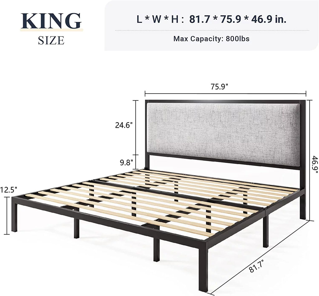 Queen Size Grey Metal Platform Bed Frame with Upholstered Headboard V59501