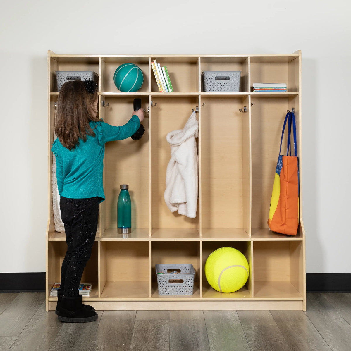 Wooden 5 Section Coat Locker with Bench and Cubbies W3654