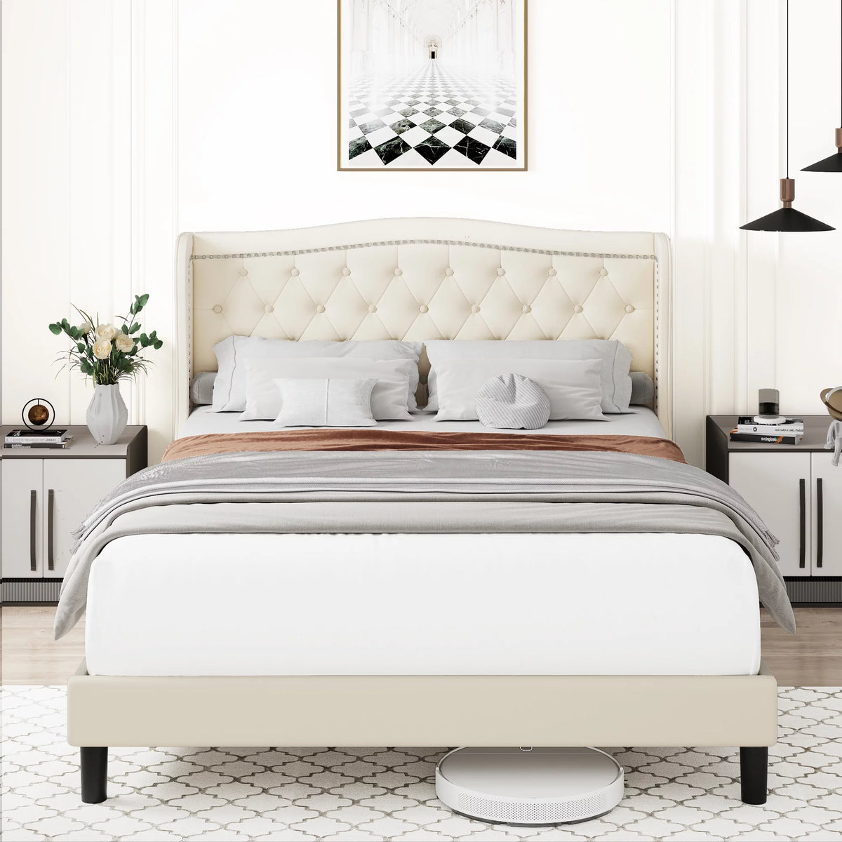 King Bed Frame with Wing-Back Button Tufted Upholstered Headboard A18508