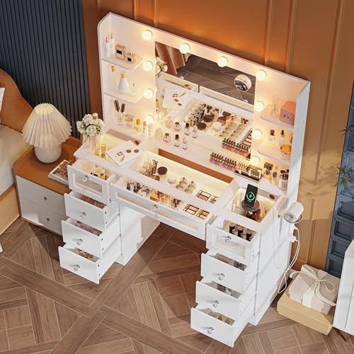White Vanity Desk with Mirror and Lights, Glass Top, 9 Drawers, 4 Shelves T9637
