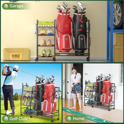 Golf Bag Storage Rack with Wheels, Black J287