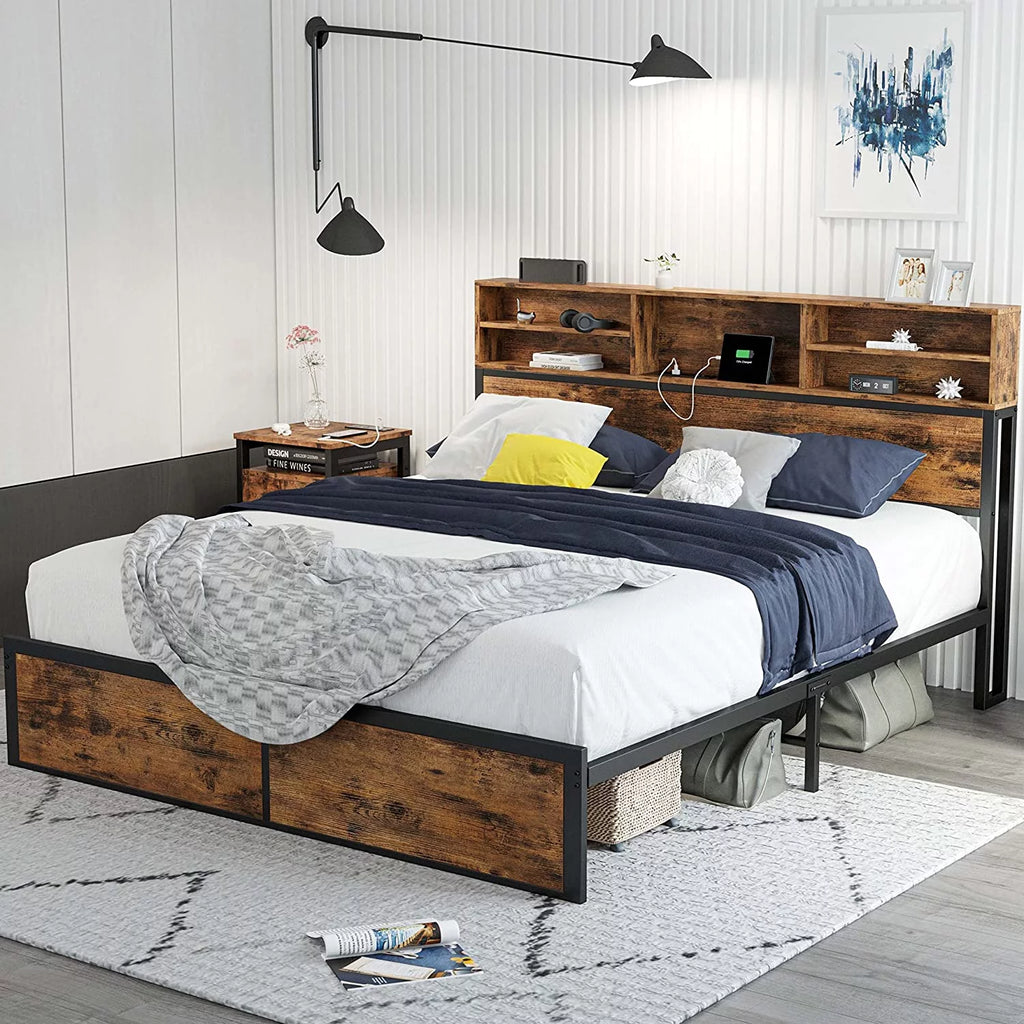 Full Bed Frame with Bookcase Headboard and Charging Station O691283
