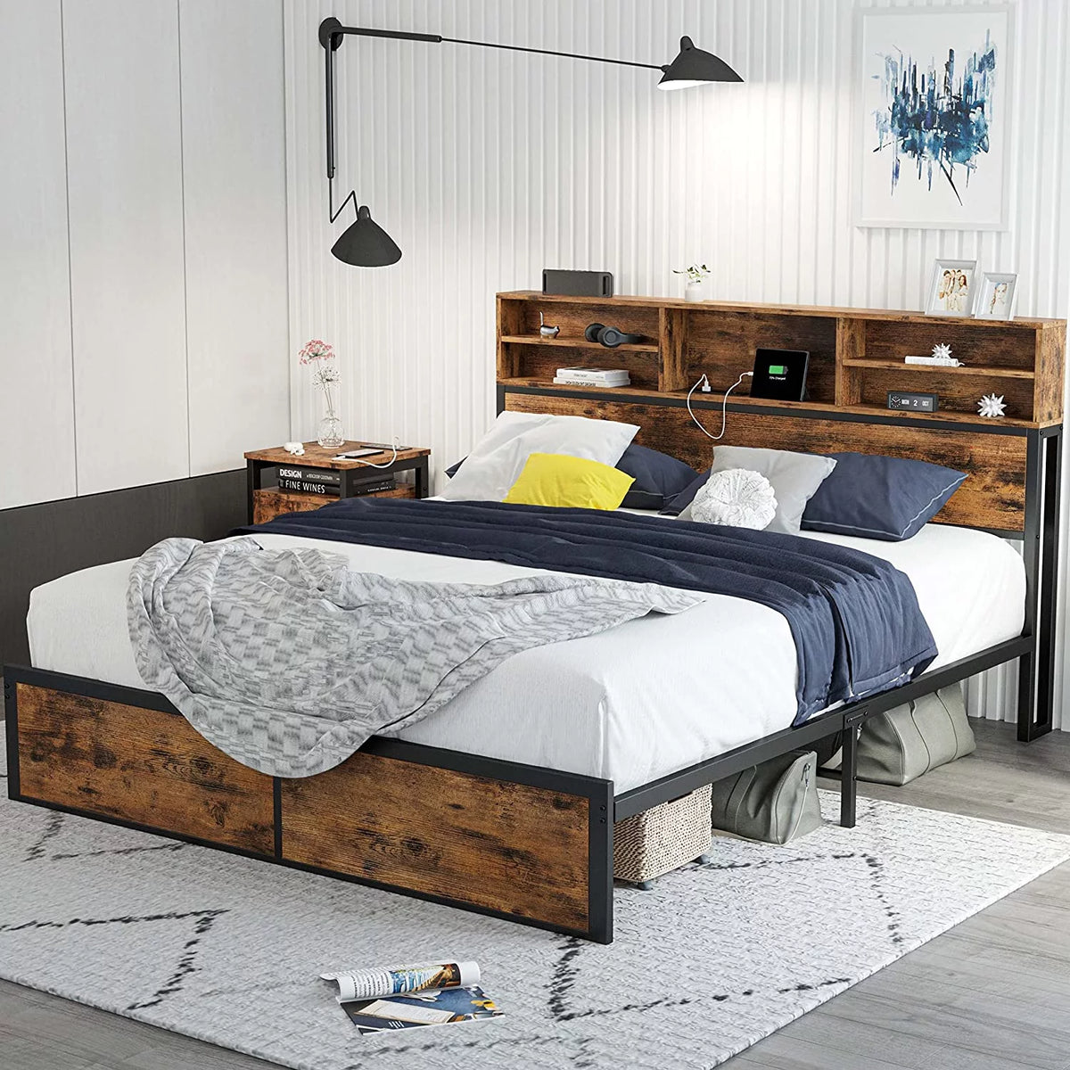 Full Bed Frame with Bookcase Headboard and Charging Station O691283